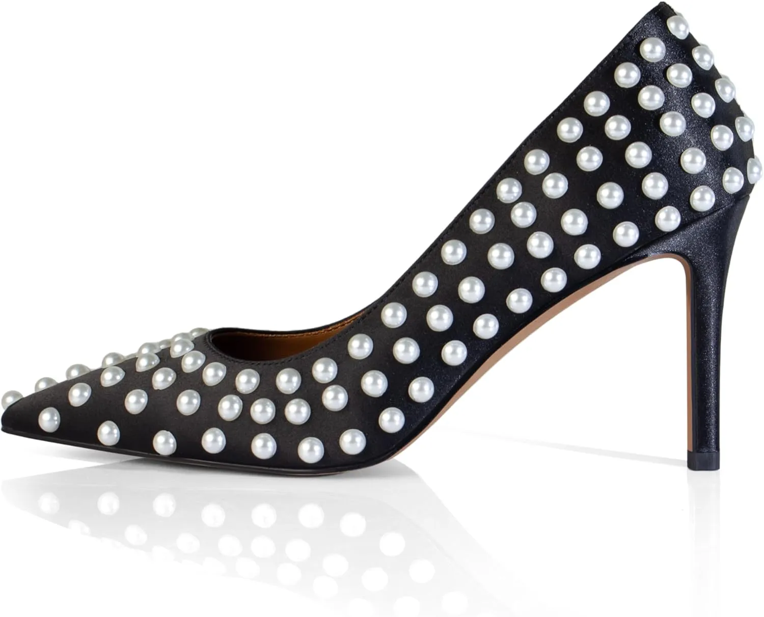 iadore Women Sexy Stiletto High Heel Pumps Chic Pearl Studded Slip-on Shoes Satin Pointed Toe Fashion Dress Pumps Size 5-12 US