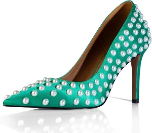 iadore Women Sexy Stiletto High Heel Pumps Chic Pearl Studded Slip-on Shoes Satin Pointed Toe Fashion Dress Pumps Size 5-12 US