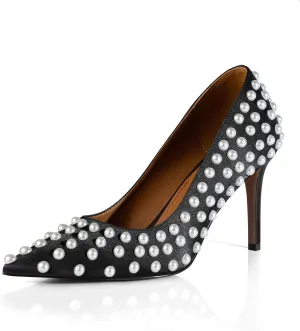 iadore Women Sexy Stiletto High Heel Pumps Chic Pearl Studded Slip-on Shoes Satin Pointed Toe Fashion Dress Pumps Size 5-12 US