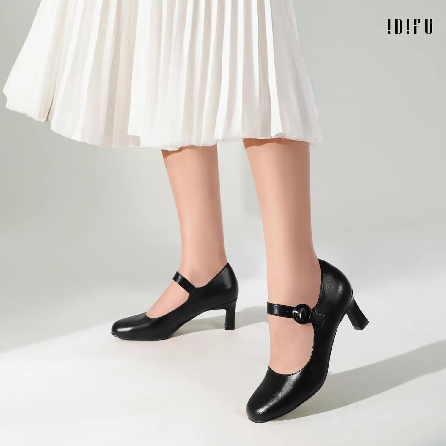 IDIFU IN3 Mary Jane Shoes Women's Closed Round Toe Low Short Small Heels Dressy Heeled Dress Shoes for Women Bride Ladies Wedding Work Comfortable Trendy Pumps with Round Buckle