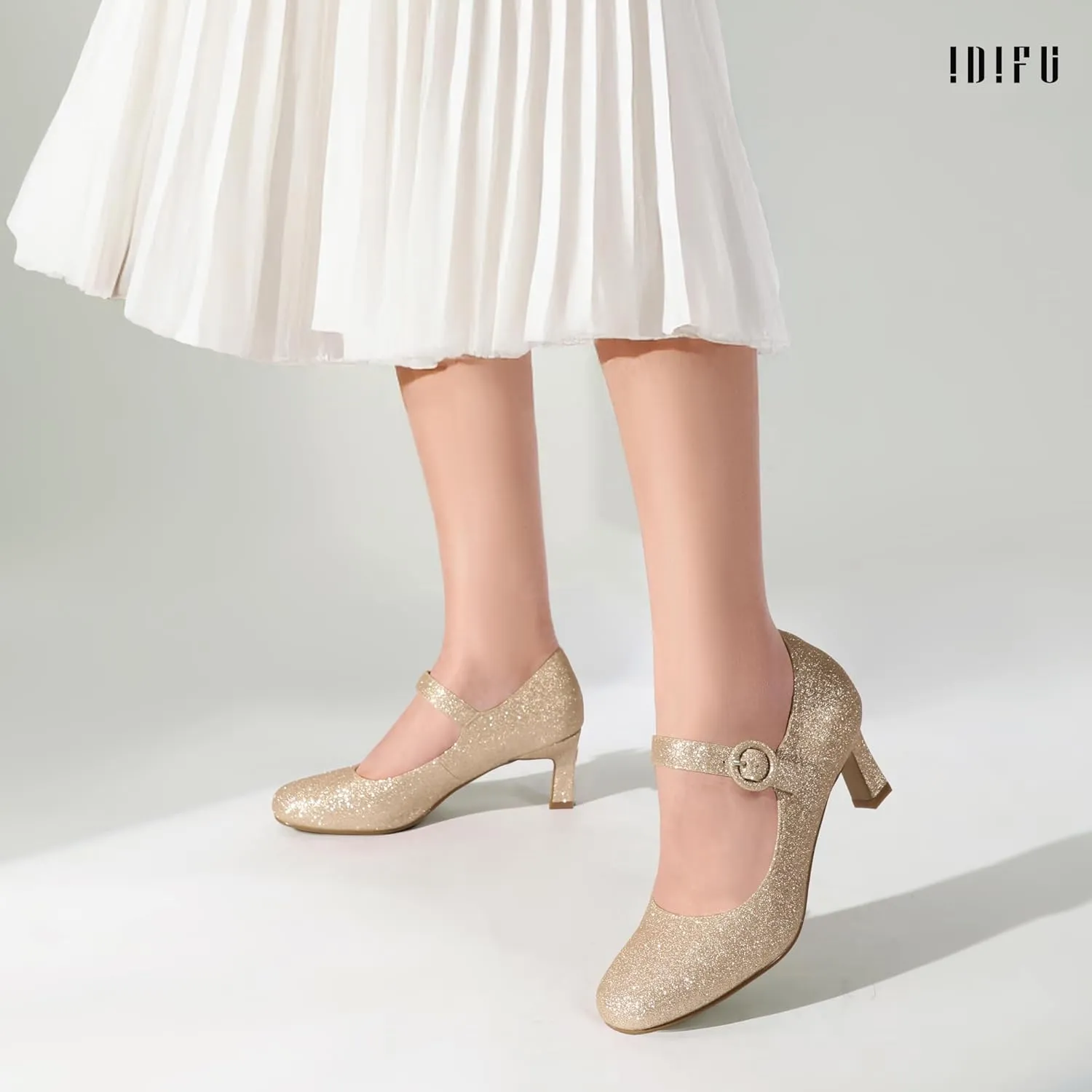 IDIFU IN3 Mary Jane Shoes Women's Closed Round Toe Low Short Small Heels Dressy Heeled Dress Shoes for Women Bride Ladies Wedding Work Comfortable Trendy Pumps with Round Buckle