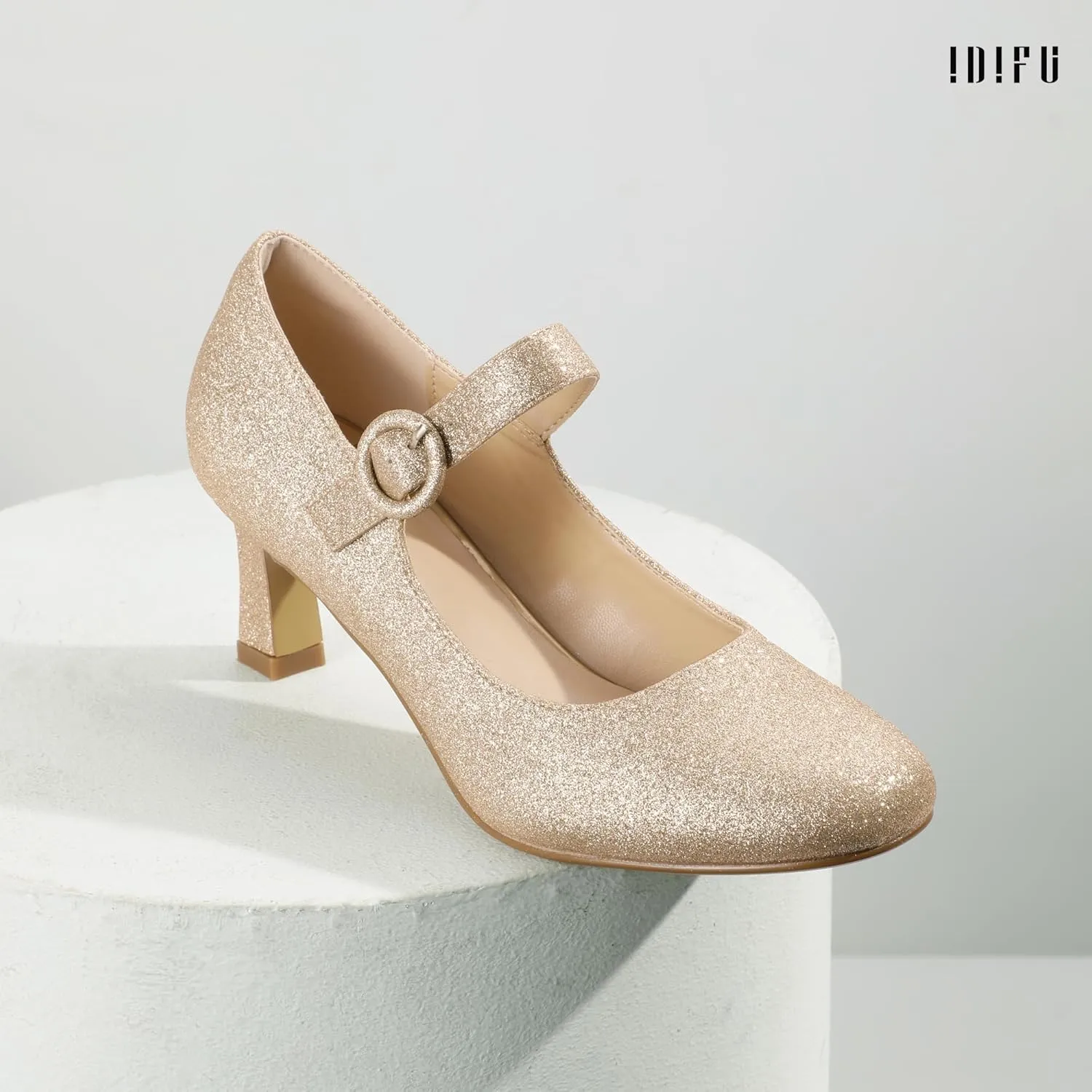 IDIFU IN3 Mary Jane Shoes Women's Closed Round Toe Low Short Small Heels Dressy Heeled Dress Shoes for Women Bride Ladies Wedding Work Comfortable Trendy Pumps with Round Buckle