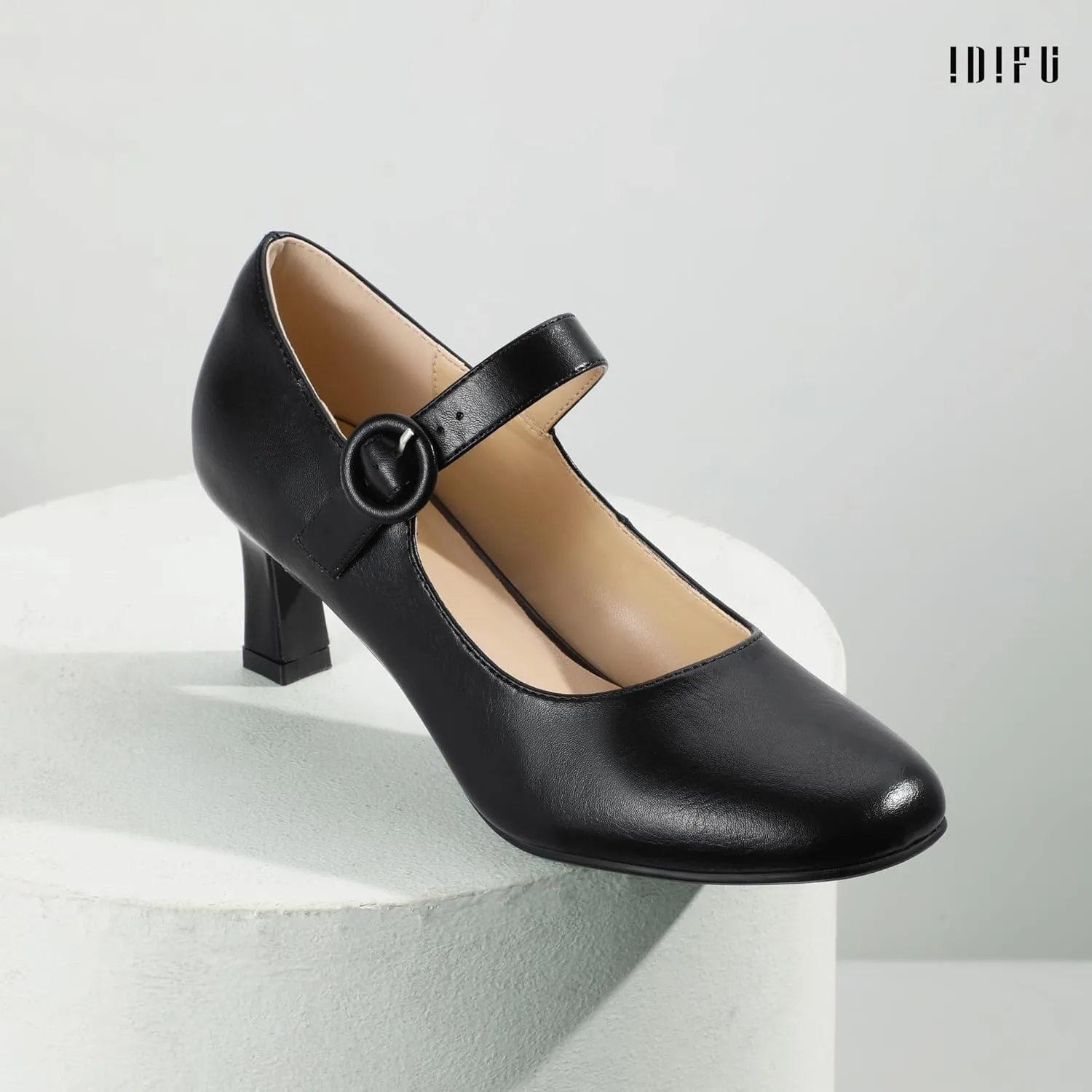 IDIFU IN3 Mary Jane Shoes Women's Closed Round Toe Low Short Small Heels Dressy Heeled Dress Shoes for Women Bride Ladies Wedding Work Comfortable Trendy Pumps with Round Buckle