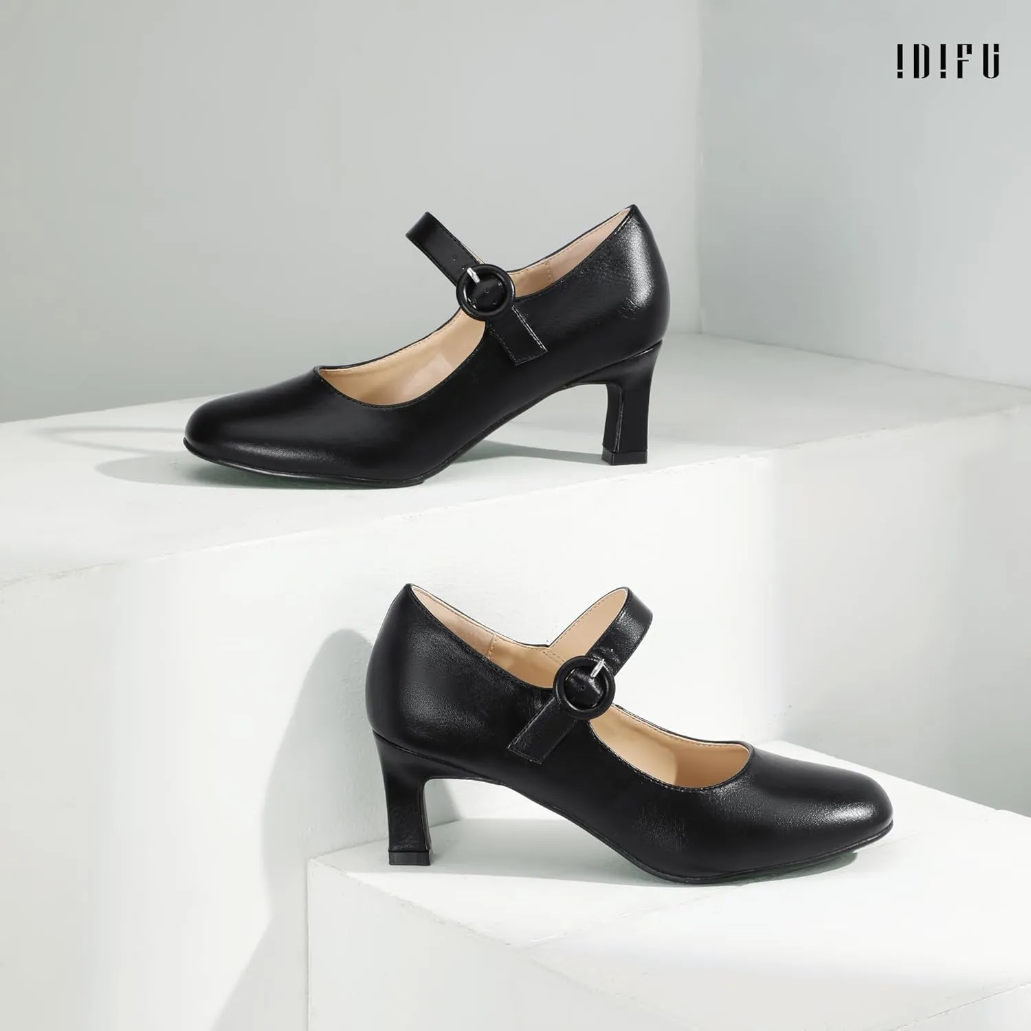 IDIFU IN3 Mary Jane Shoes Women's Closed Round Toe Low Short Small Heels Dressy Heeled Dress Shoes for Women Bride Ladies Wedding Work Comfortable Trendy Pumps with Round Buckle