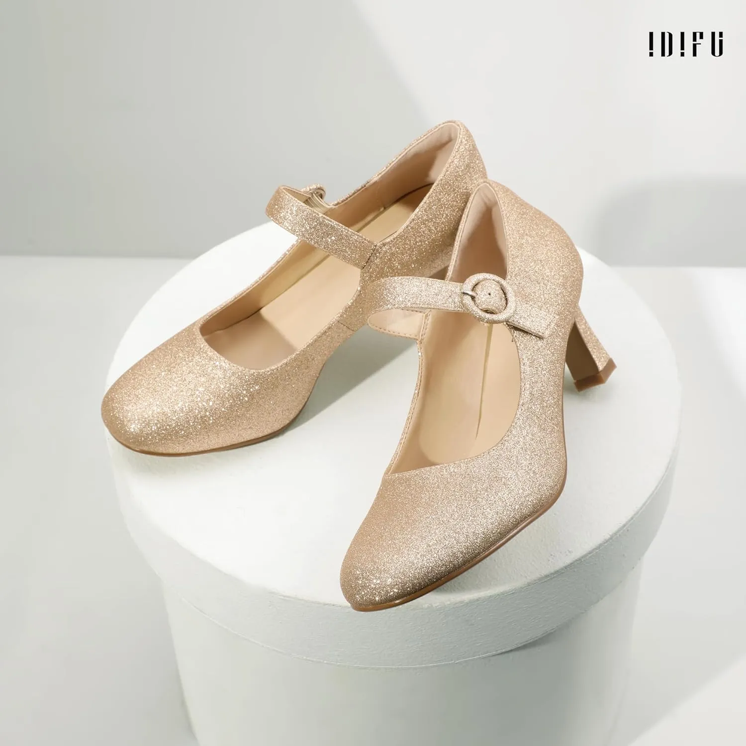 IDIFU IN3 Mary Jane Shoes Women's Closed Round Toe Low Short Small Heels Dressy Heeled Dress Shoes for Women Bride Ladies Wedding Work Comfortable Trendy Pumps with Round Buckle