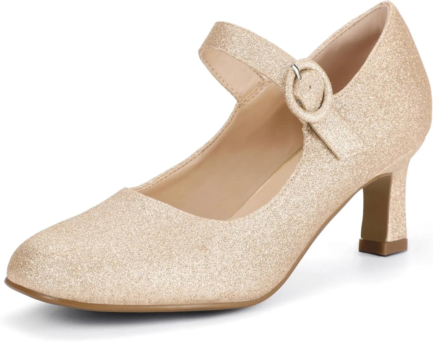 IDIFU IN3 Mary Jane Shoes Women's Closed Round Toe Low Short Small Heels Dressy Heeled Dress Shoes for Women Bride Ladies Wedding Work Comfortable Trendy Pumps with Round Buckle