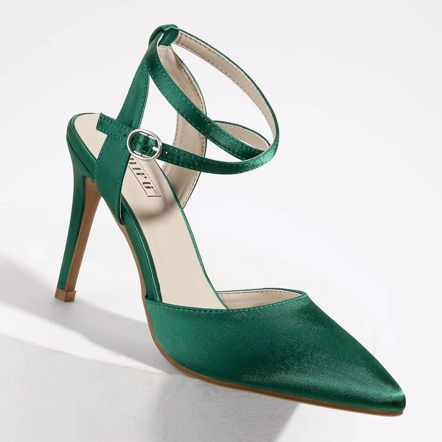 IDIFU IN4 High Heels Women's Pumps Strappy Stiletto Slingback Closed Pointed Toe Ankle Strap Satin Dress Shoes for Women Dressy Comfortable Wedding Bridal Office Formal Pumps Shoes