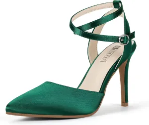IDIFU IN4 High Heels Women's Pumps Strappy Stiletto Slingback Closed Pointed Toe Ankle Strap Satin Dress Shoes for Women Dressy Comfortable Wedding Bridal Office Formal Pumps Shoes