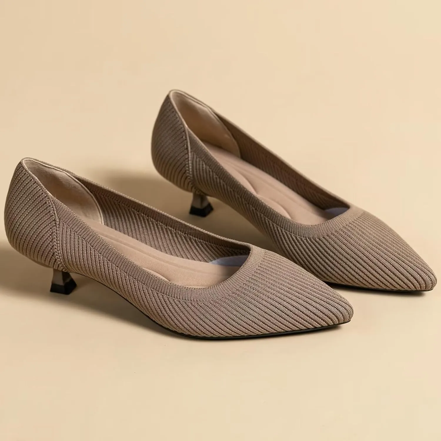 INEELUYI Women's Kitten Heel Pumps Vintage Low Heel Knit Pumps Pointed Toe Wedding Dress Pumps Shoes