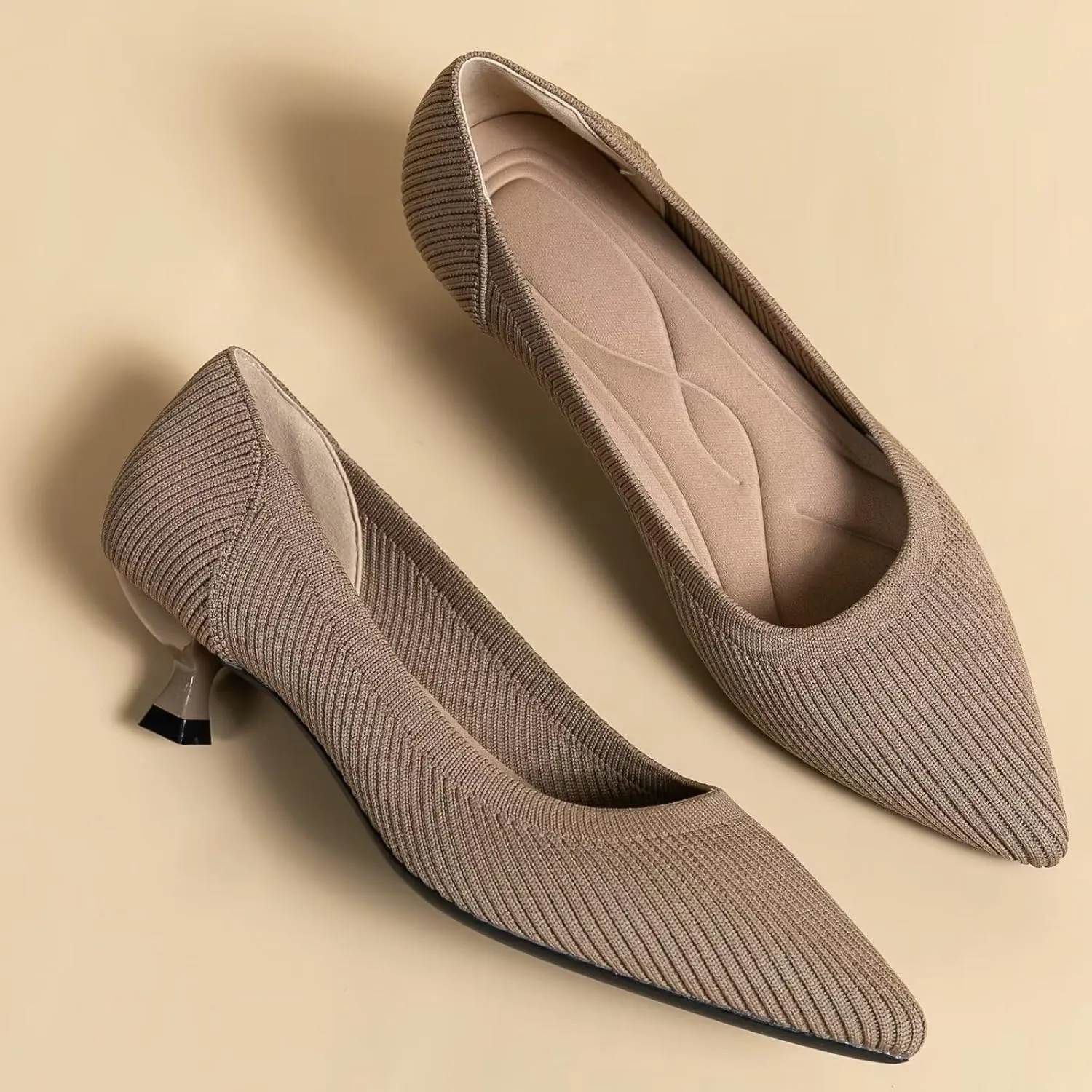 INEELUYI Women's Kitten Heel Pumps Vintage Low Heel Knit Pumps Pointed Toe Wedding Dress Pumps Shoes