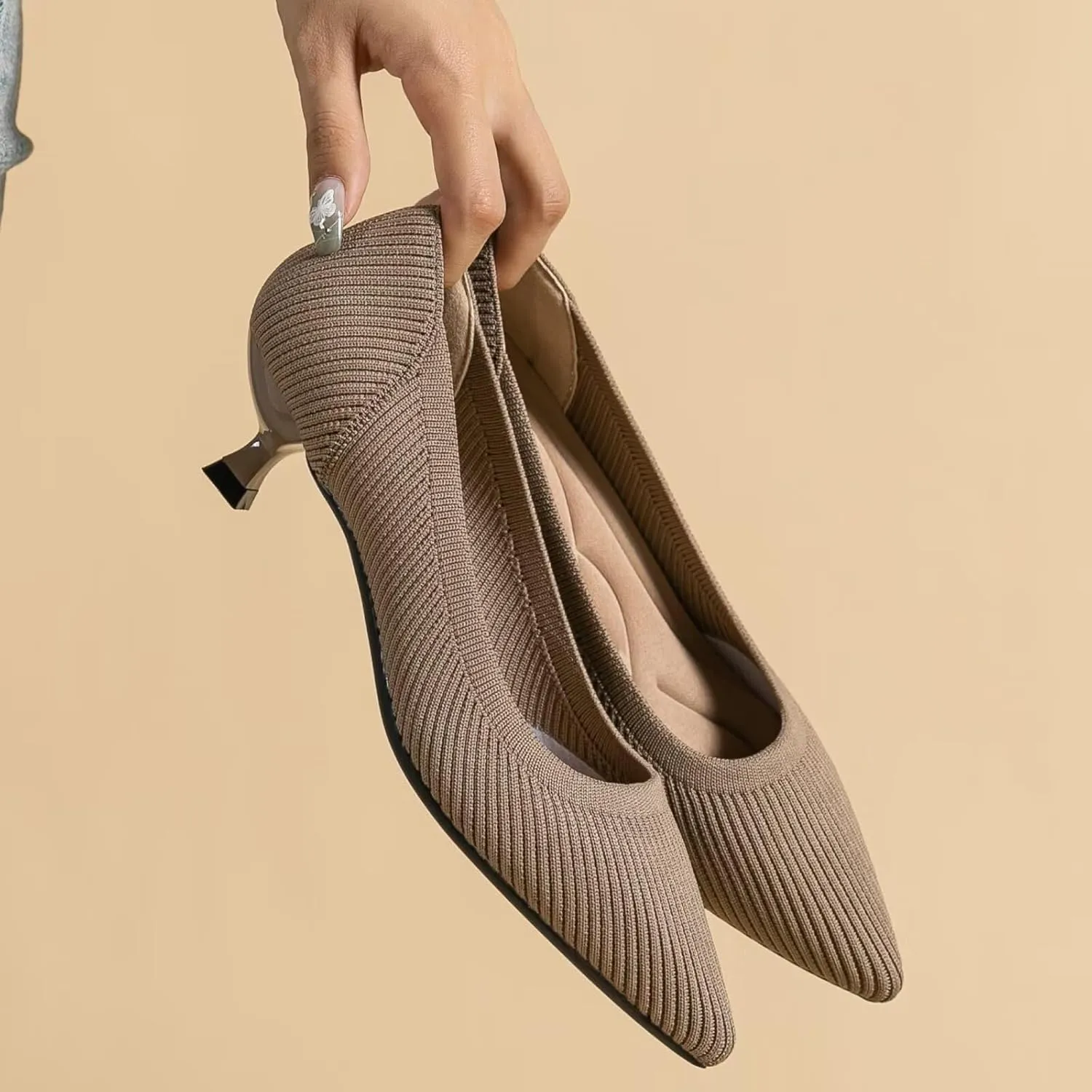 INEELUYI Women's Kitten Heel Pumps Vintage Low Heel Knit Pumps Pointed Toe Wedding Dress Pumps Shoes