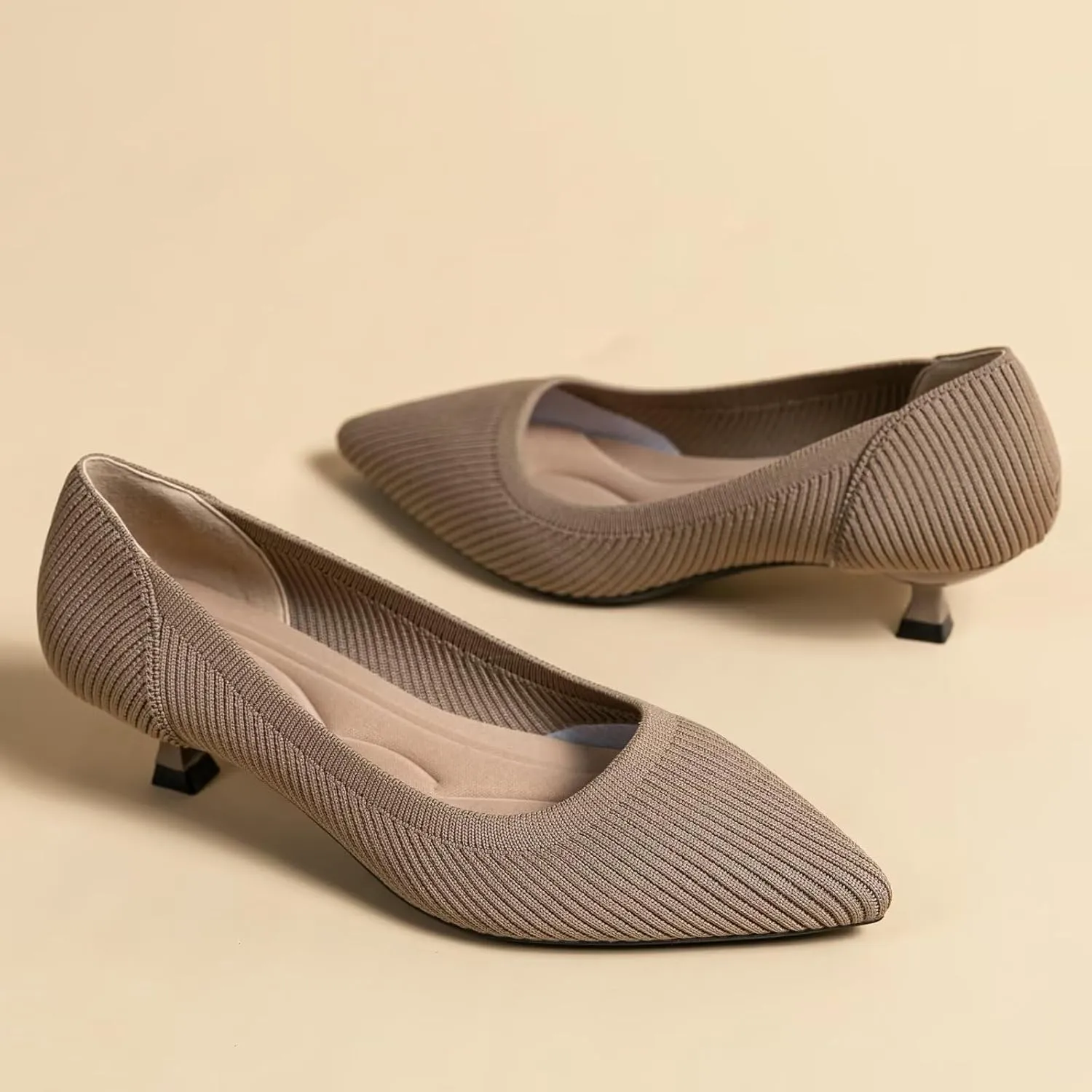INEELUYI Women's Kitten Heel Pumps Vintage Low Heel Knit Pumps Pointed Toe Wedding Dress Pumps Shoes