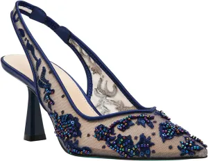 JORISTIMO Womens Slingback Kitten Heels Mesh with Beads and Sequins Embroidered Closed Pointed Toe Slip On Pumps