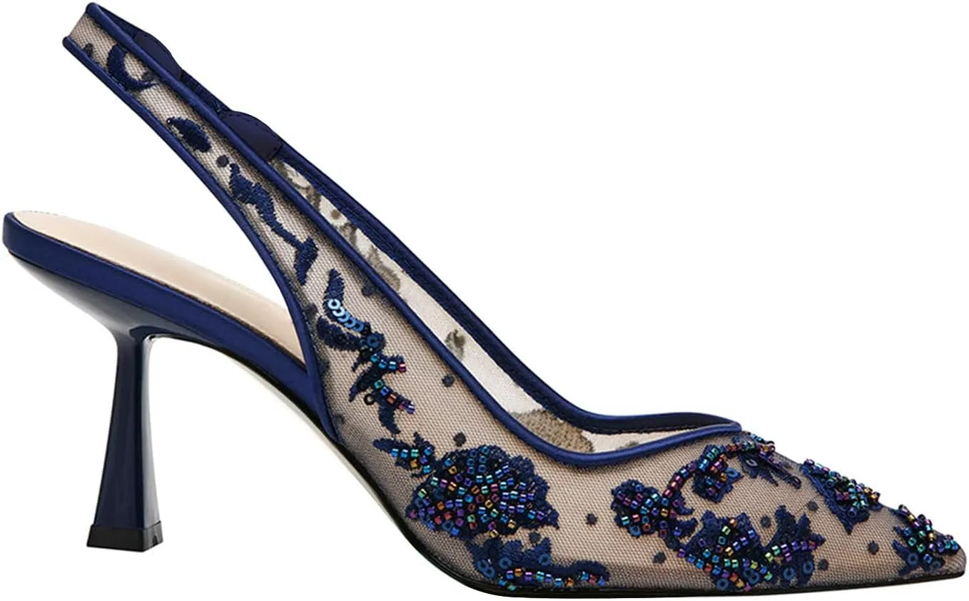 JORISTIMO Womens Slingback Kitten Heels Mesh with Beads and Sequins Embroidered Closed Pointed Toe Slip On Pumps