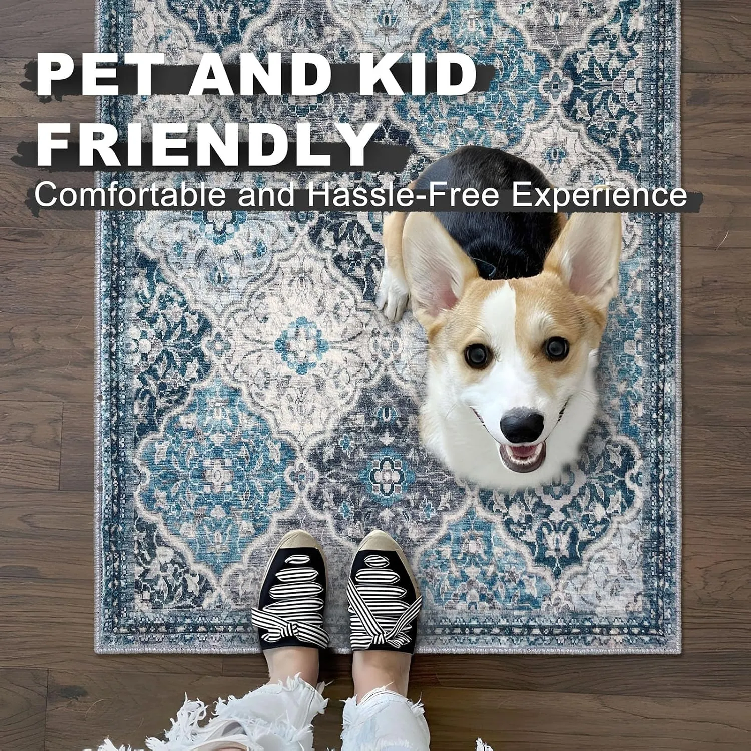 KILOCOCO 2x5 Runner Rug, Moroccan Washable Hallway Entryway Runner Rug, Accent Print Faux Wool Kitchen Runner Rug 5 Feet Non-Slip Runners Boho Rug Runners for Laundry Room Bedroom, Blue/Multi