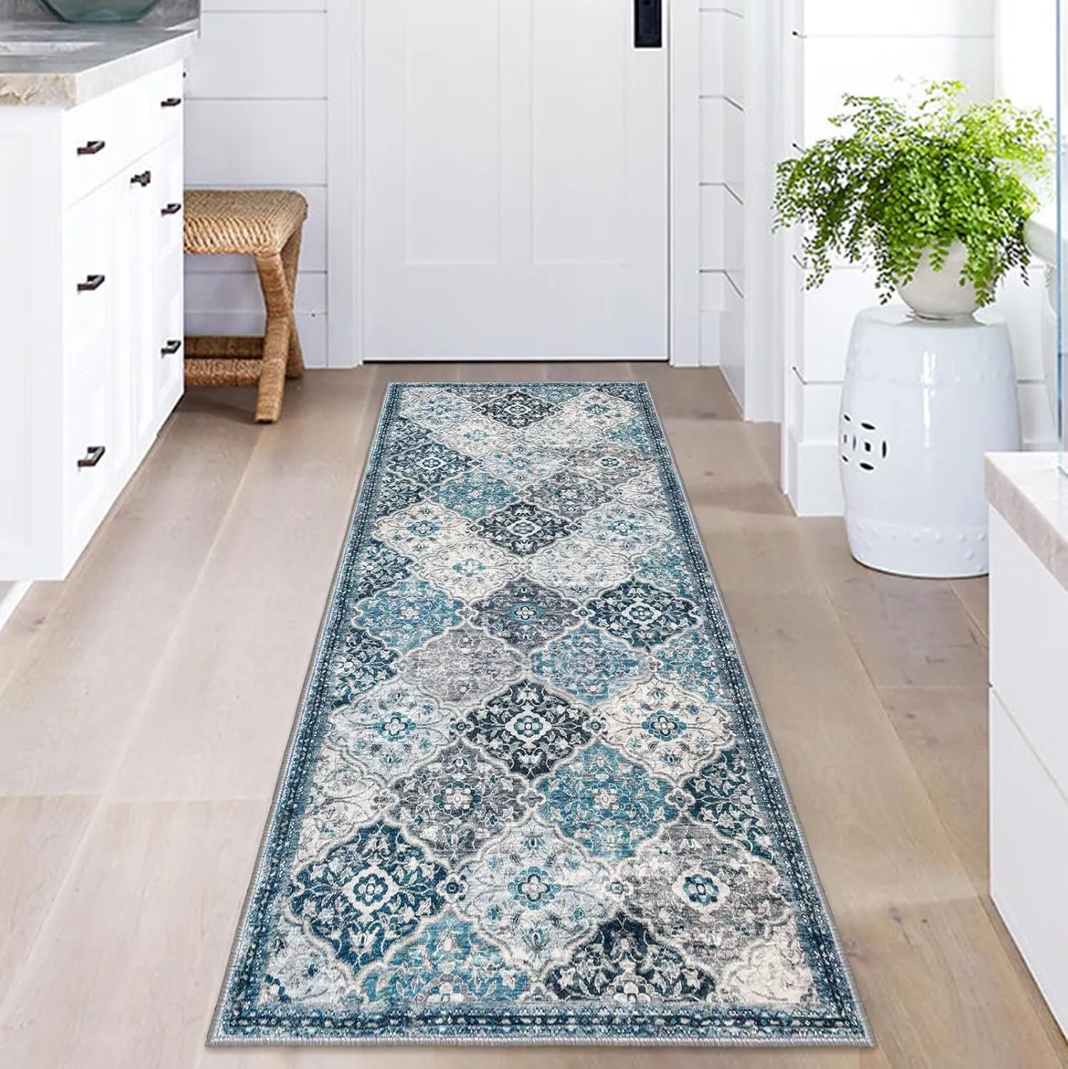 KILOCOCO 2x5 Runner Rug, Moroccan Washable Hallway Entryway Runner Rug, Accent Print Faux Wool Kitchen Runner Rug 5 Feet Non-Slip Runners Boho Rug Runners for Laundry Room Bedroom, Blue/Multi