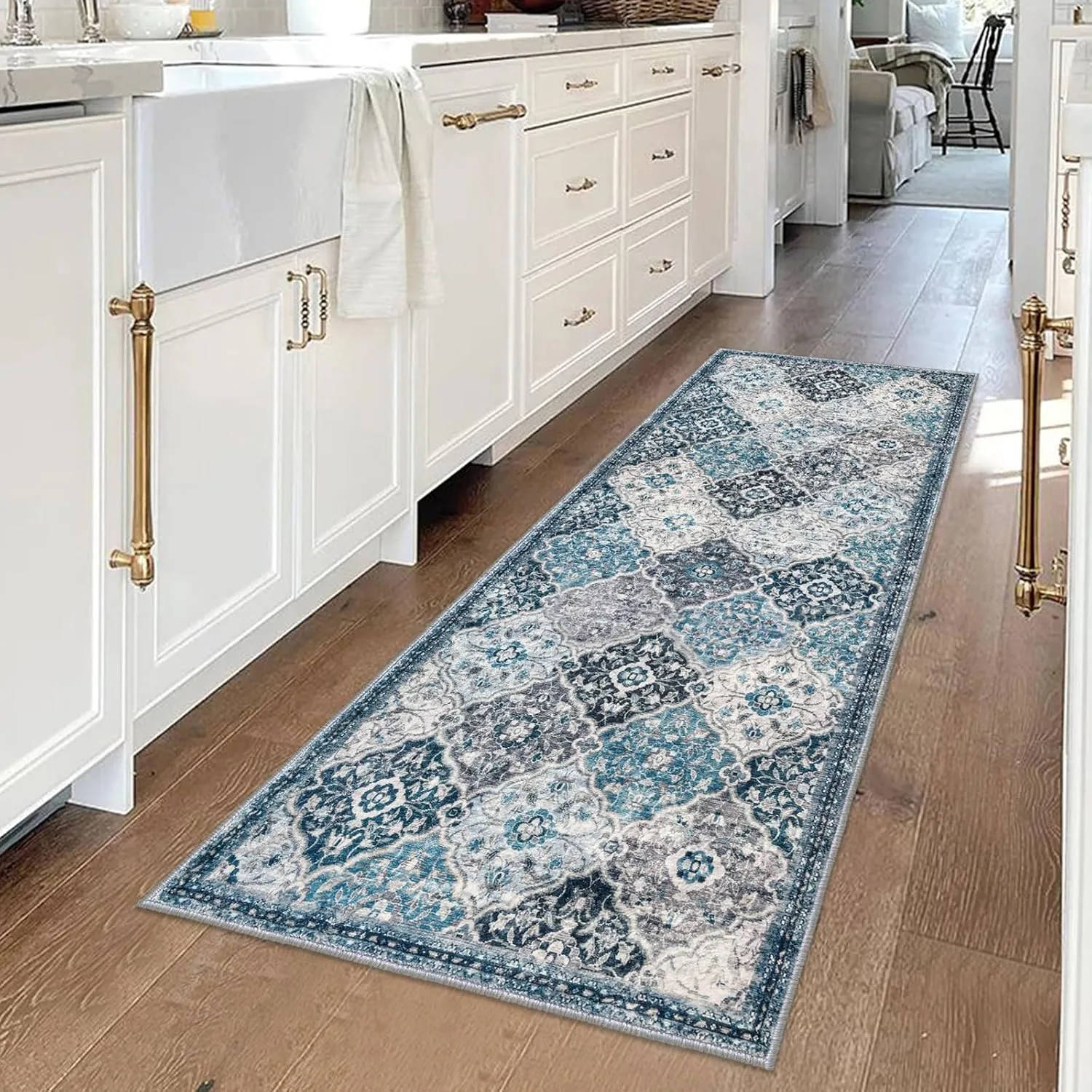 KILOCOCO 2x5 Runner Rug, Moroccan Washable Hallway Entryway Runner Rug, Accent Print Faux Wool Kitchen Runner Rug 5 Feet Non-Slip Runners Boho Rug Runners for Laundry Room Bedroom, Blue/Multi