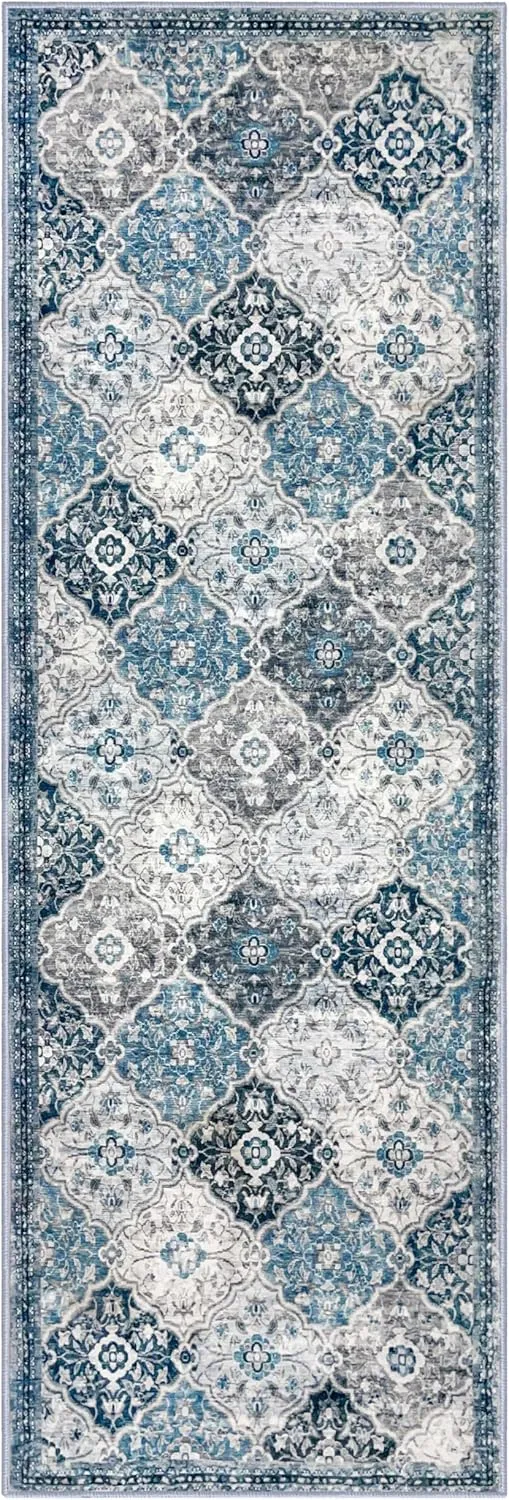 KILOCOCO 2x5 Runner Rug, Moroccan Washable Hallway Entryway Runner Rug, Accent Print Faux Wool Kitchen Runner Rug 5 Feet Non-Slip Runners Boho Rug Runners for Laundry Room Bedroom, Blue/Multi