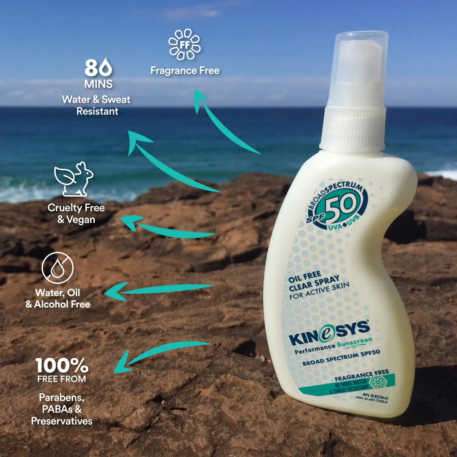 KINeSYS Fragrance Free Clear Spray Sunscreen for sensitive skin, SPF 50, Hypoallergenic, Broad Spectrum UVA/UVB protection for Face & Body; PABA and Oxybenzone FREE, 700  Sprays, 4 Fl Oz/120 mL