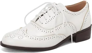 KOKOMOMO Women's Perforated Lace-up Brogues Low Heels Wingtip Multicolor Flat Oxfords Saddle Two Tone British Vintage Derby Shoes