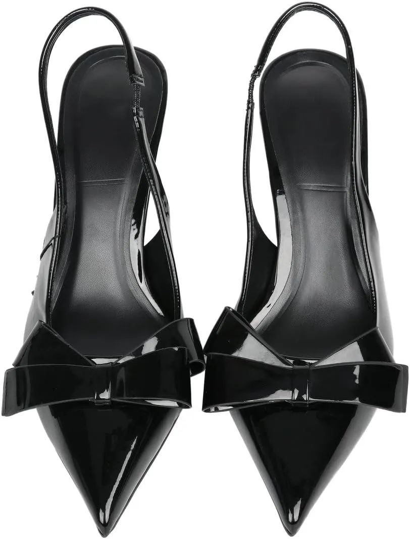 KOKOMOMO Womens Pointed Toe Slingback Heels Patent Leather Pumps Bow Heels