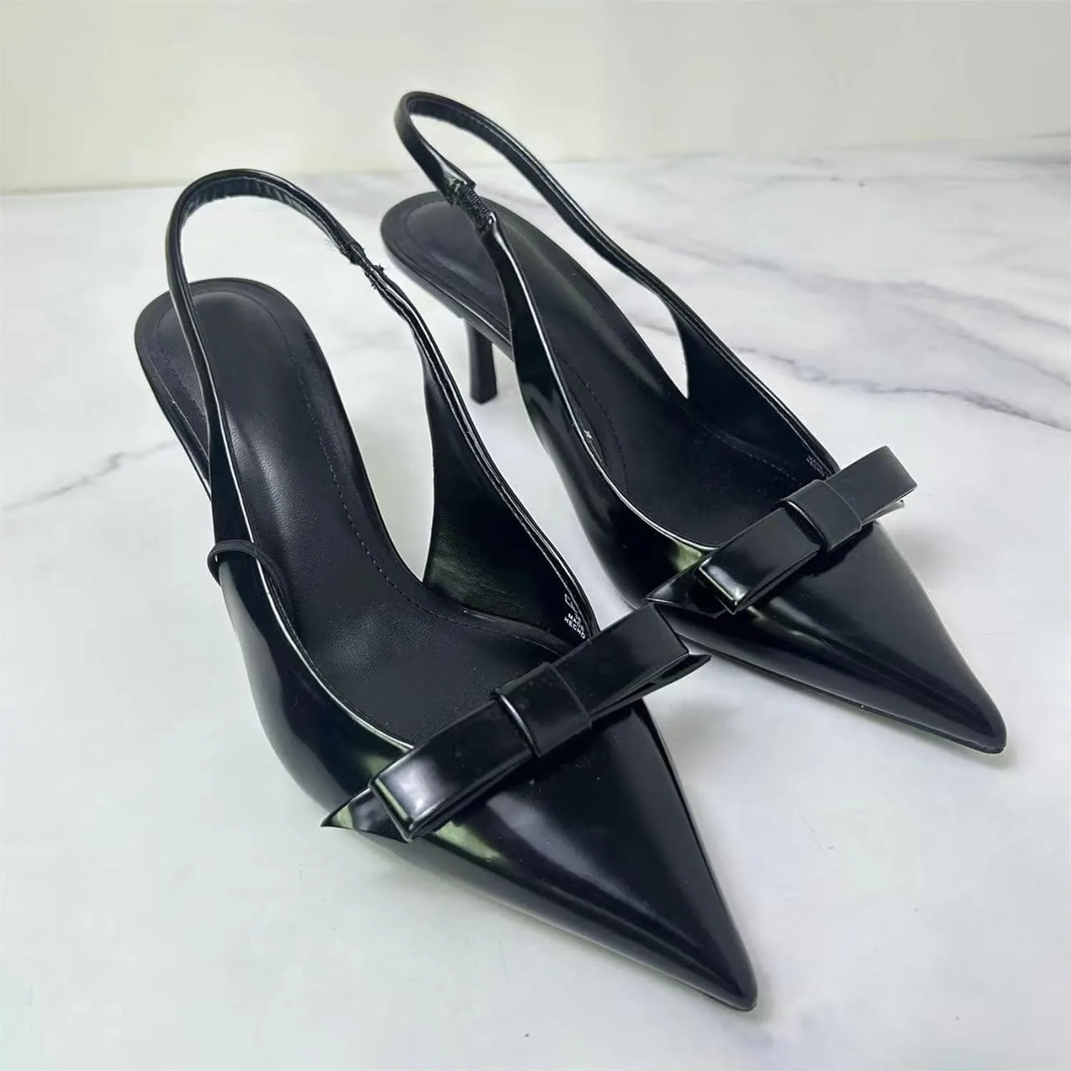 KOKOMOMO Womens Pointed Toe Slingback Heels Patent Leather Pumps Bow Heels
