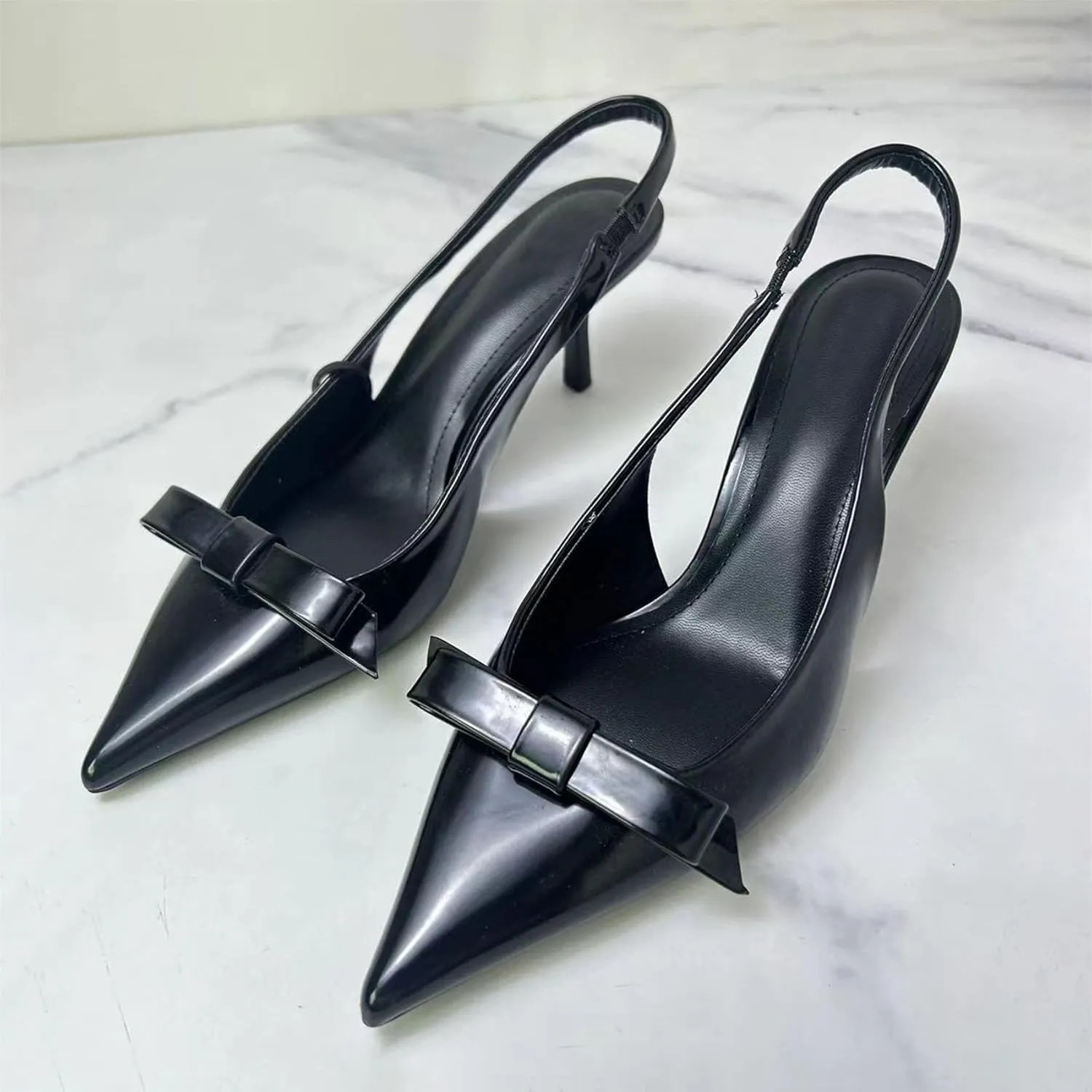 KOKOMOMO Womens Pointed Toe Slingback Heels Patent Leather Pumps Bow Heels