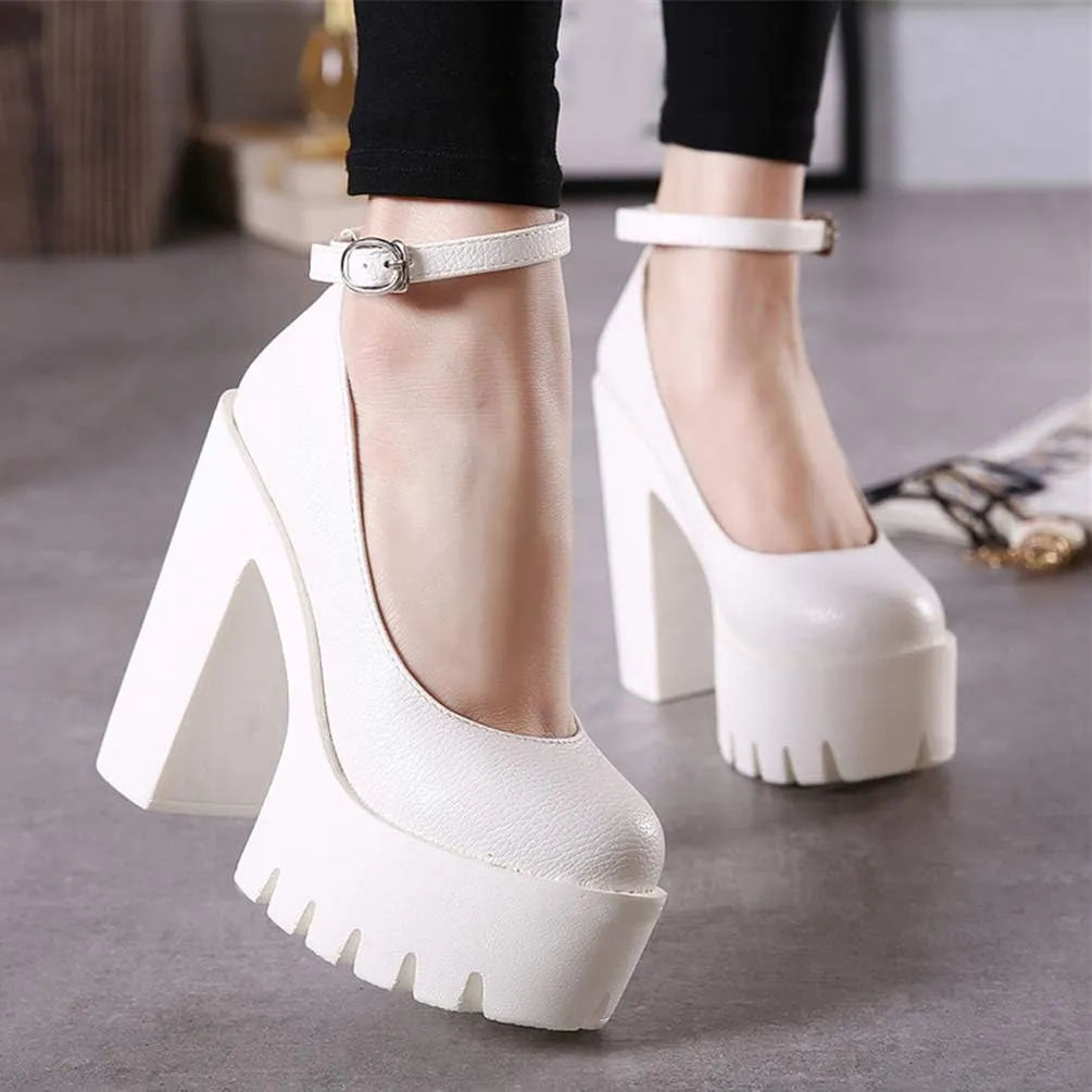KOKOMOMO Womens Round Toe Platform Ankle Strap Pumps Chunky High Heels Goth Shoes