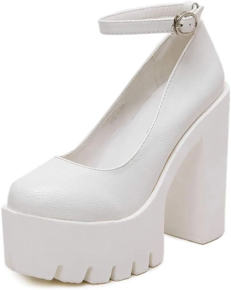 KOKOMOMO Womens Round Toe Platform Ankle Strap Pumps Chunky High Heels Goth Shoes
