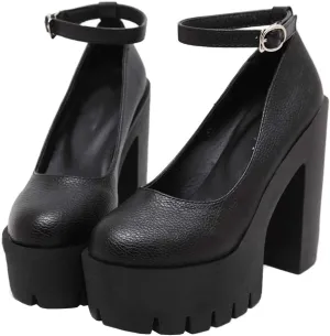 KOKOMOMO Womens Round Toe Platform Ankle Strap Pumps Chunky High Heels Goth Shoes