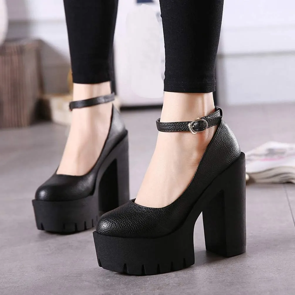 KOKOMOMO Womens Round Toe Platform Ankle Strap Pumps Chunky High Heels Goth Shoes