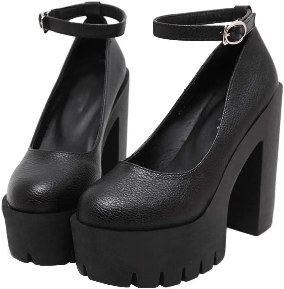 KOKOMOMO Womens Round Toe Platform Ankle Strap Pumps Chunky High Heels Goth Shoes