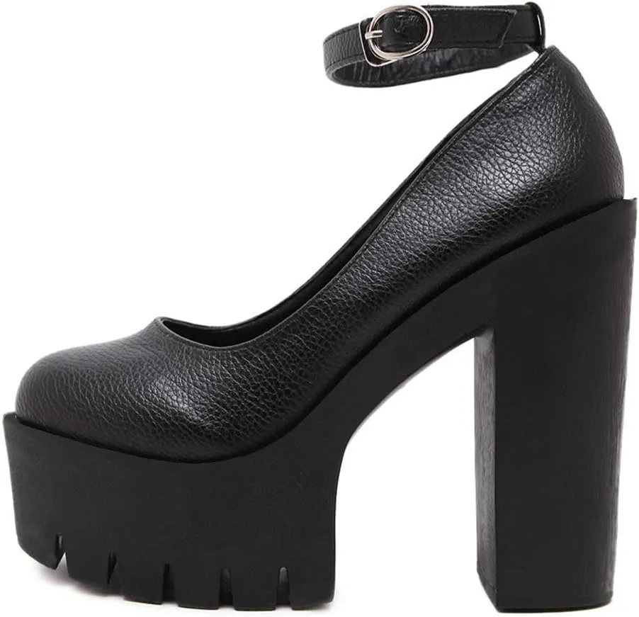 KOKOMOMO Womens Round Toe Platform Ankle Strap Pumps Chunky High Heels Goth Shoes