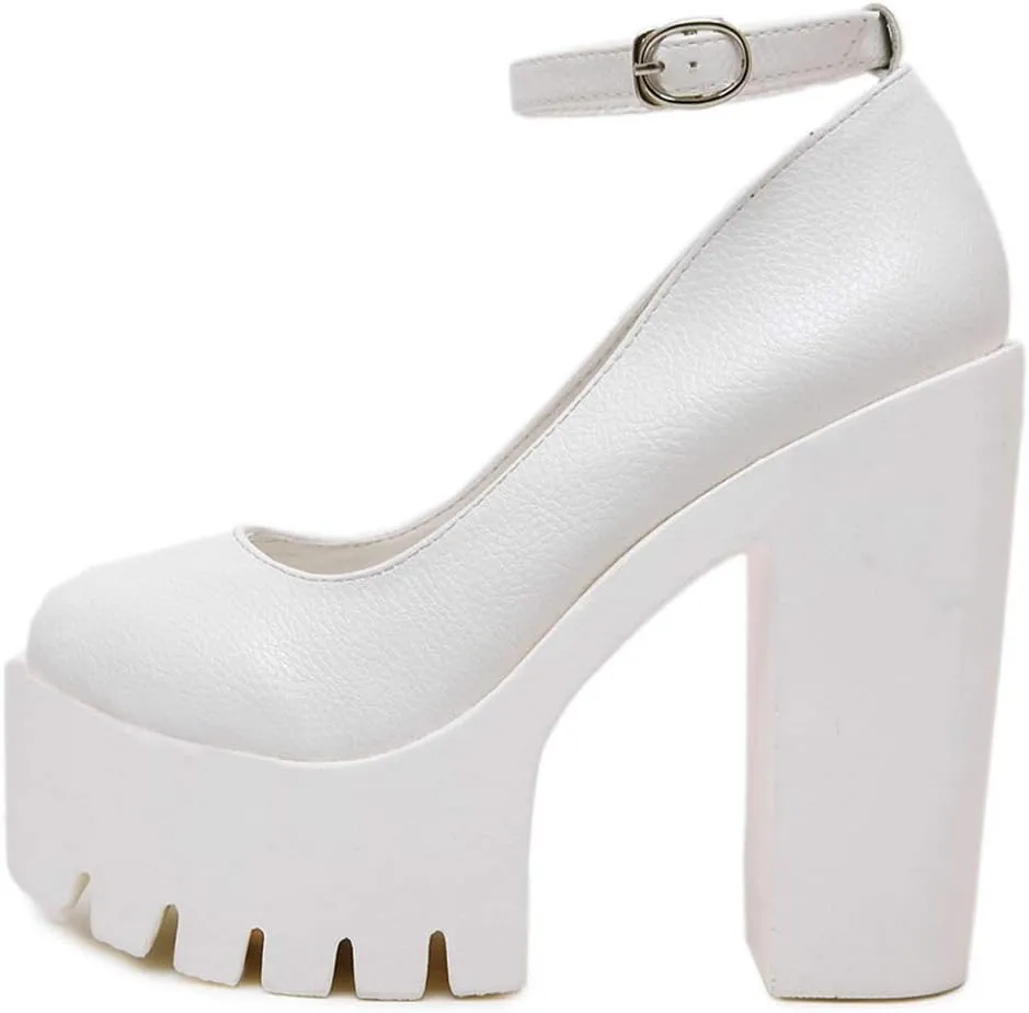 KOKOMOMO Womens Round Toe Platform Ankle Strap Pumps Chunky High Heels Goth Shoes