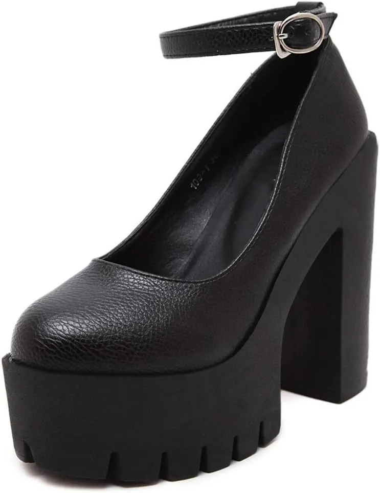 KOKOMOMO Womens Round Toe Platform Ankle Strap Pumps Chunky High Heels Goth Shoes