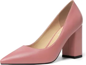 KUOARN Womens Office Formal Pointed Toe Solid Matte Slip On Block High Heel Pumps Shoes 3.3 Inch