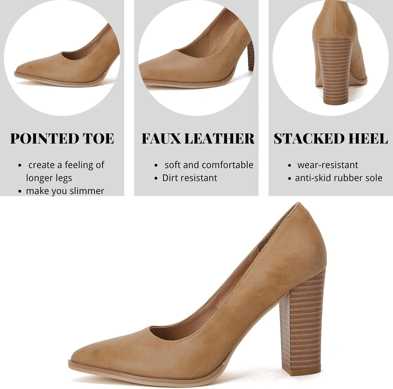 LAICIGO Women's Pointed Toe Pumps Chunky Block High Heel Slip On Dress Party Wedding Shoes