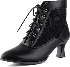 LanreyTaley Women's Lace Short Ankle Boots Lace Up Victorian Booties Vintage Kitten Heel Lace Wedding Bridal