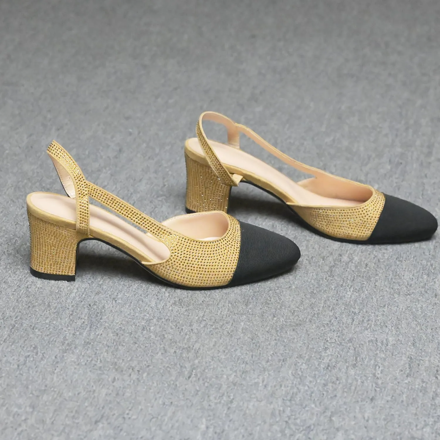 LEHOOR Chunky Heel Slingback Pumps Cap Toe Two Toned for Women, Mid Block Heel Almond Pointy Toe Sandals Quarter Strap Hollowed Backless D’Orsay Slip On Sandals Office Party Prom 5-13 M US
