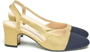 LEHOOR Chunky Heel Slingback Pumps Cap Toe Two Toned for Women, Mid Block Heel Almond Pointy Toe Sandals Quarter Strap Hollowed Backless D’Orsay Slip On Sandals Office Party Prom 5-13 M US