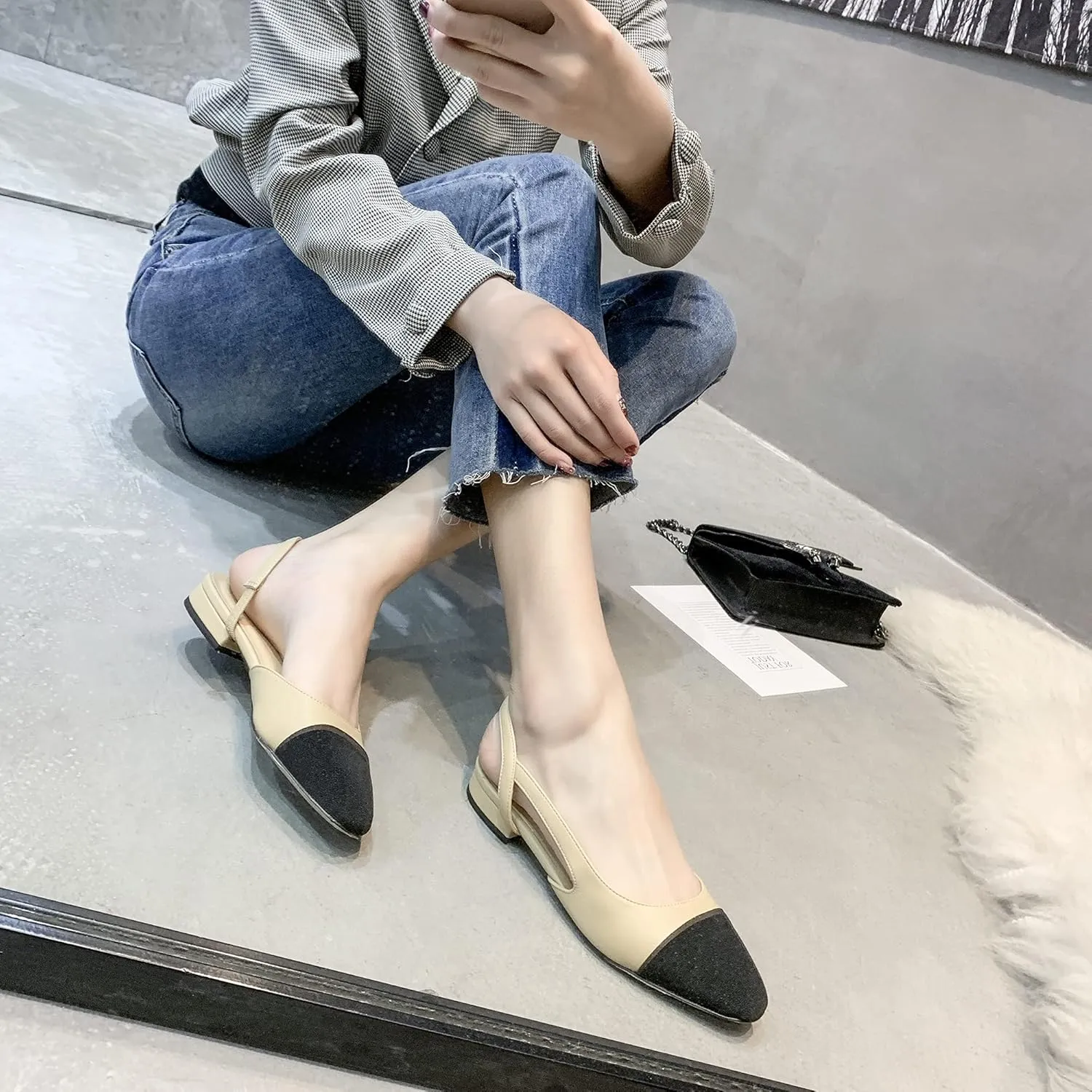 LEHOOR Chunky Heel Slingback Pumps Cap Toe Two Toned for Women, Mid Block Heel Almond Pointy Toe Sandals Quarter Strap Hollowed Backless D’Orsay Slip On Sandals Office Party Prom 5-13 M US