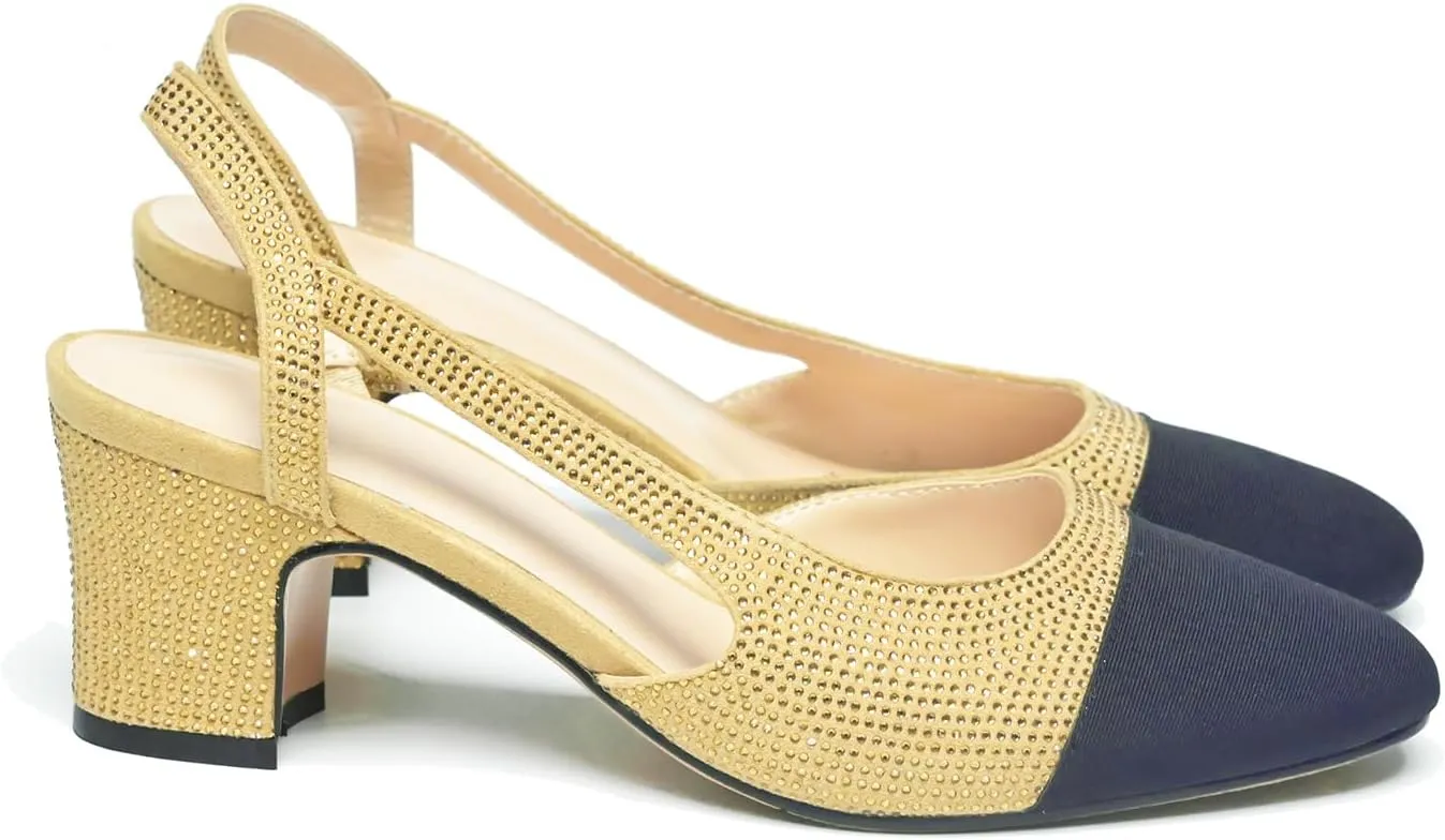 LEHOOR Chunky Heel Slingback Pumps Cap Toe Two Toned for Women, Mid Block Heel Almond Pointy Toe Sandals Quarter Strap Hollowed Backless D’Orsay Slip On Sandals Office Party Prom 5-13 M US