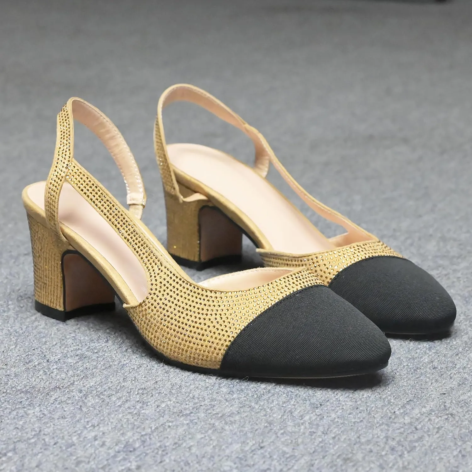 LEHOOR Chunky Heel Slingback Pumps Cap Toe Two Toned for Women, Mid Block Heel Almond Pointy Toe Sandals Quarter Strap Hollowed Backless D’Orsay Slip On Sandals Office Party Prom 5-13 M US
