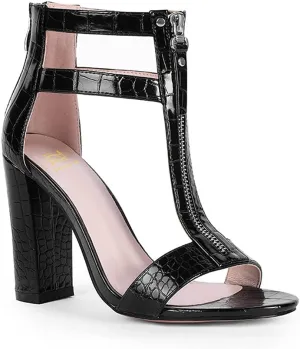 LEHOOR Women Chunky Heel Sandals Zip T-Strap Stone Pattern Pumps Round Open Toe Matte Leather 4 Inch Block Heel Summer Party Wedding Dress Heel Sandals Size 4-10 M US