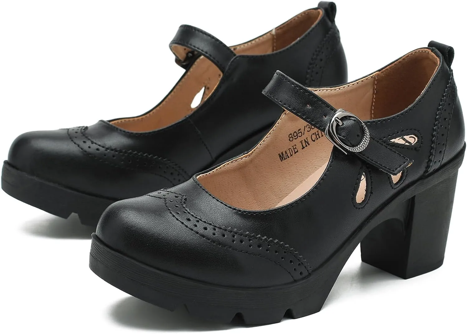 LIURUIJIA Women's Classic Leather Mary Janes Pumps Closed Toe Platform Chunky Mid Block Heels Ankle Strap Round Toe Comfortable Oxfords Dress Work Shoes
