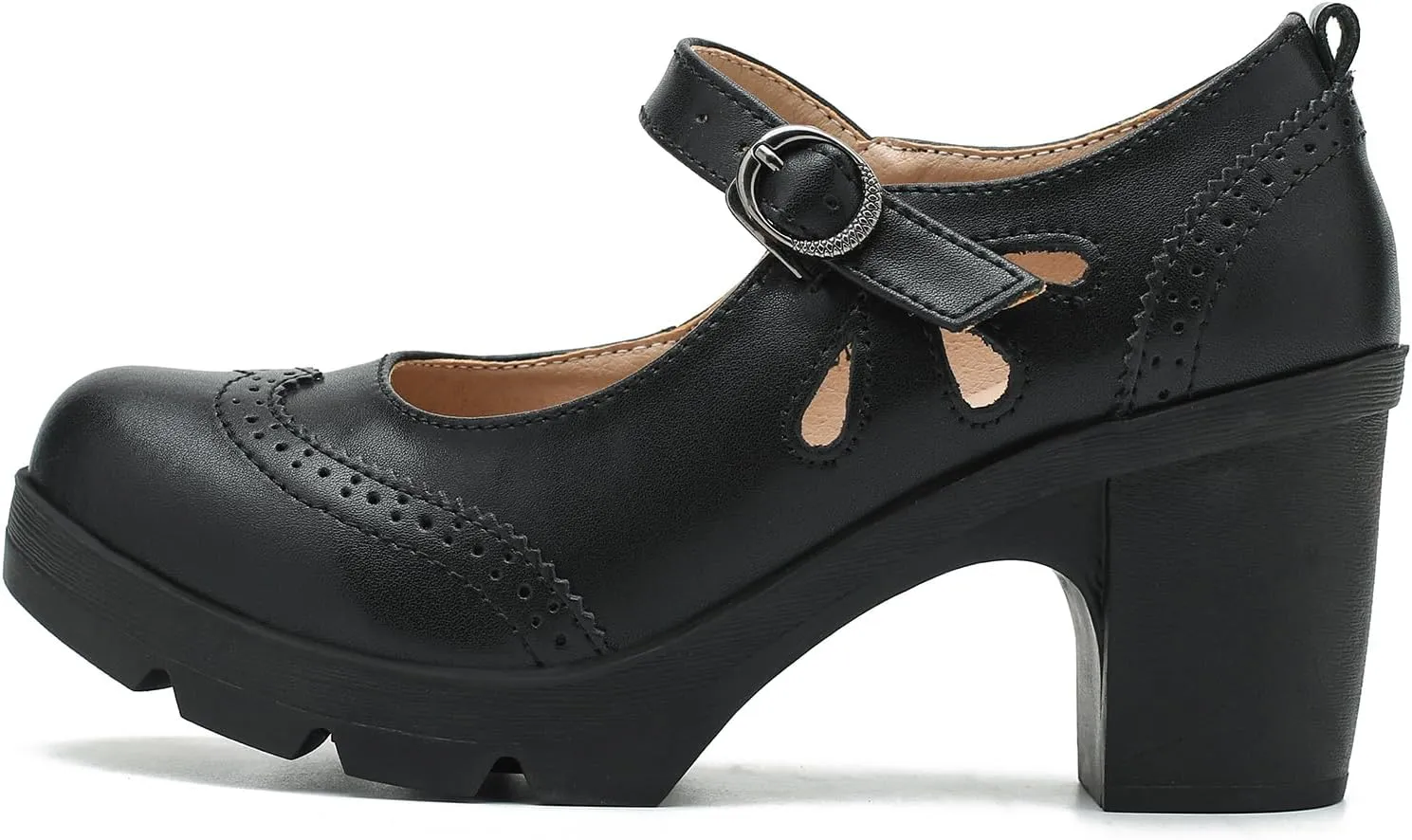 LIURUIJIA Women's Classic Leather Mary Janes Pumps Closed Toe Platform Chunky Mid Block Heels Ankle Strap Round Toe Comfortable Oxfords Dress Work Shoes