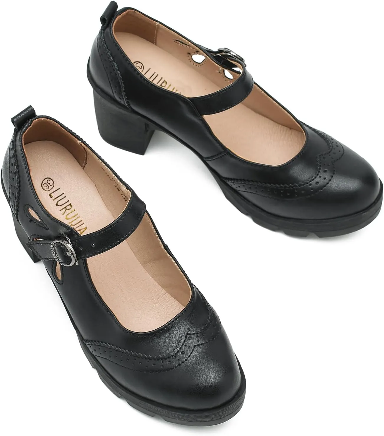 LIURUIJIA Women's Classic Leather Mary Janes Pumps Closed Toe Platform Chunky Mid Block Heels Ankle Strap Round Toe Comfortable Oxfords Dress Work Shoes