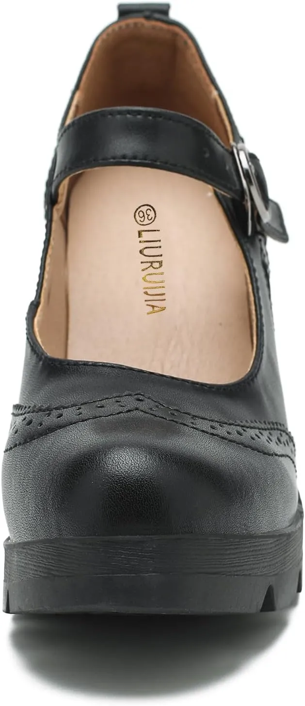 LIURUIJIA Women's Classic Leather Mary Janes Pumps Closed Toe Platform Chunky Mid Block Heels Ankle Strap Round Toe Comfortable Oxfords Dress Work Shoes