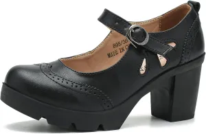LIURUIJIA Women's Classic Leather Mary Janes Pumps Closed Toe Platform Chunky Mid Block Heels Ankle Strap Round Toe Comfortable Oxfords Dress Work Shoes