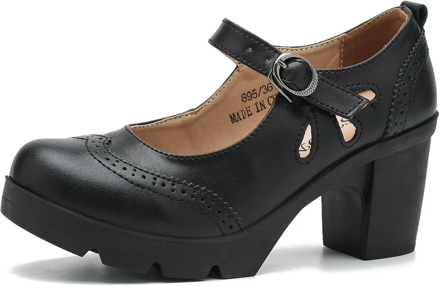 LIURUIJIA Women's Classic Leather Mary Janes Pumps Closed Toe Platform Chunky Mid Block Heels Ankle Strap Round Toe Comfortable Oxfords Dress Work Shoes